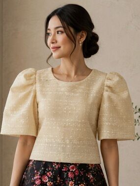 Elegant Cream Puff-Sleeve Women's Top